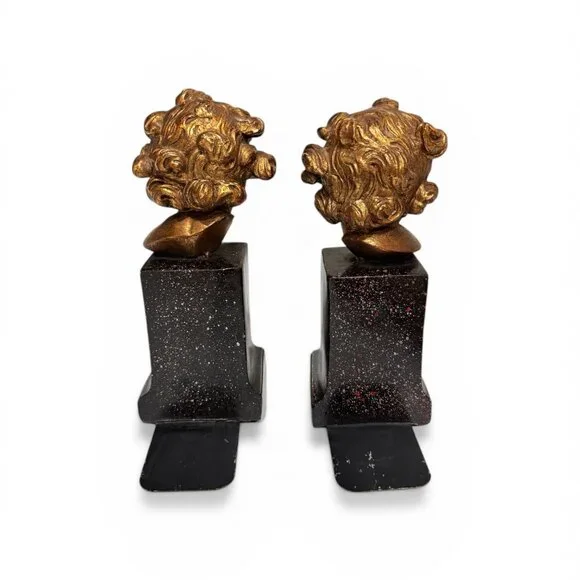Vintage Borghese Italian Cherub Putti Bookends, Gilt Chalkware Faux Marble Base - Picture 9 of 16